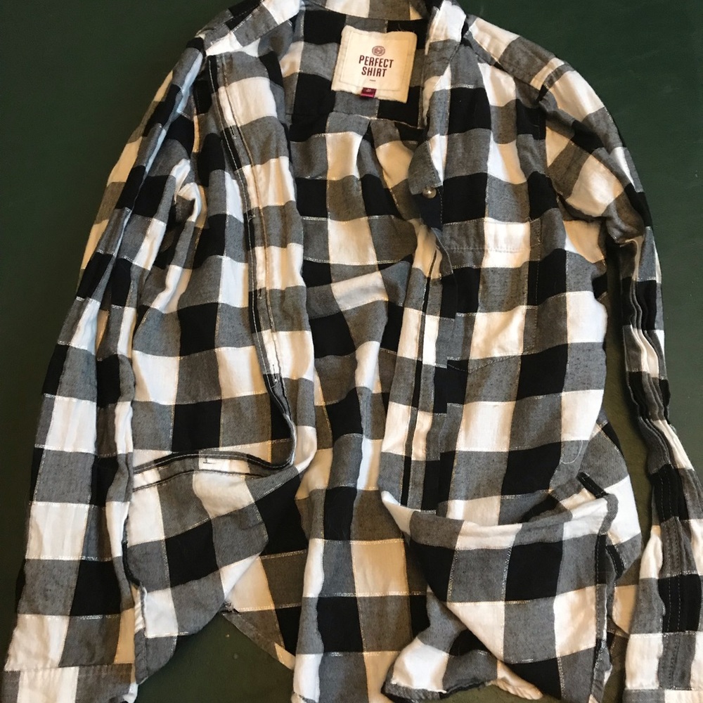 black, white, and grey plaid shirt.